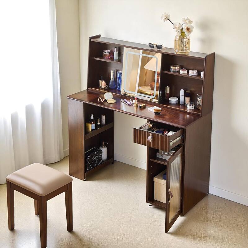 Makeup Vanity Desk with 3-Color LED Mirror, Storage Shelves & Drawer, Fluted Design Dressing Table in Walnut Finish
