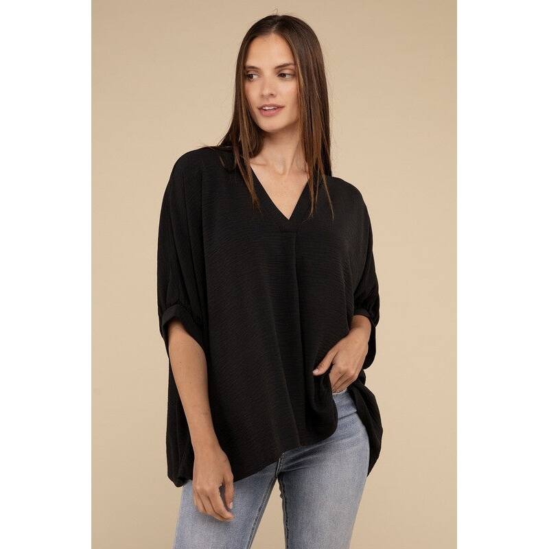Woven Airflow VNeck Puff Half Sleeve Top