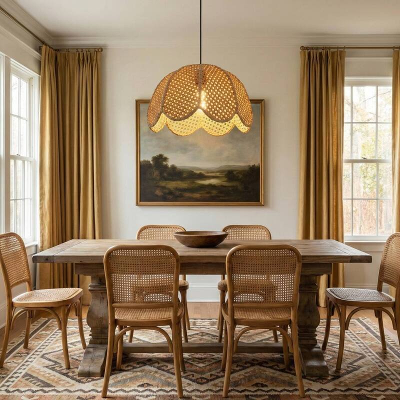 1-Light Farmhouse Flower Shaped Brown Hand-Woven Natural Rattan Hanging Pendant Light - 15.7" W x 55" H