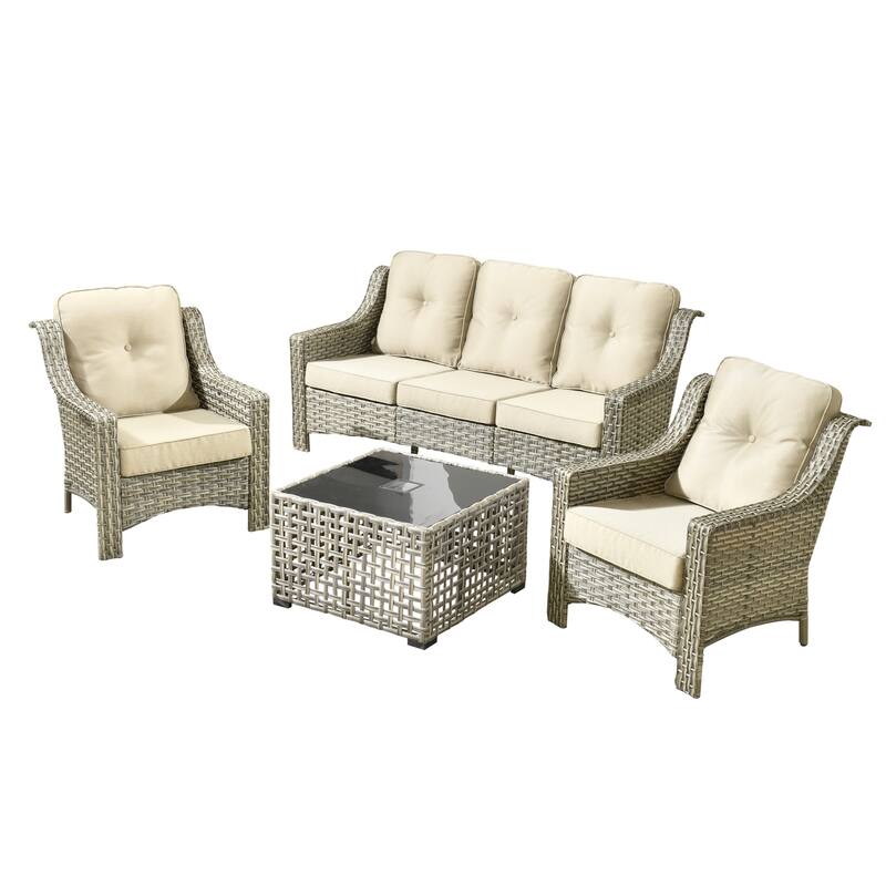 HOOOOWOOO 5-piece Wicker Rattan Patio Outdoor Furniture Ergonomic Conversation Set with Coffee Table