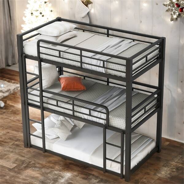 slide 2 of 24, Metal Twin Size Triple Bunk Bed with Guardrails, Black