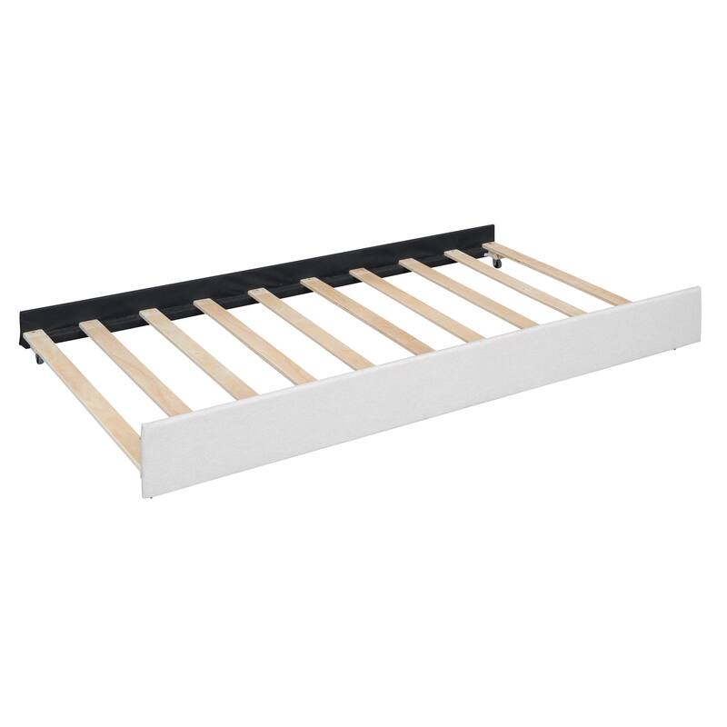 Full Size Upholstered Platform Bed with Brick Headboard, Twin Trundle, 2 Drawers, Beige Linen Fabric