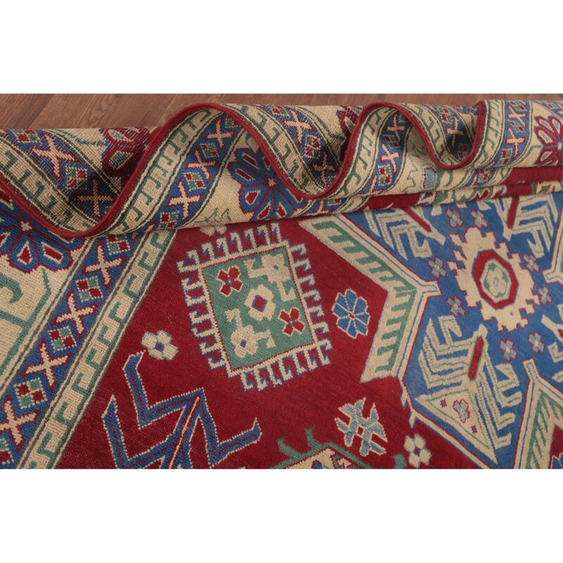Red Geometric Kazak Area Rug Hand-Knotted Wool Carpet - 8'1" x 9'7"