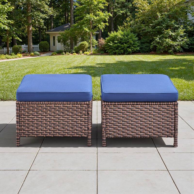 Pocassy Outdoor Sofa Swivel Chairs Patio Chair Funiture Set - 2PCS Ottoman - Brown Wicker Beige Cushion