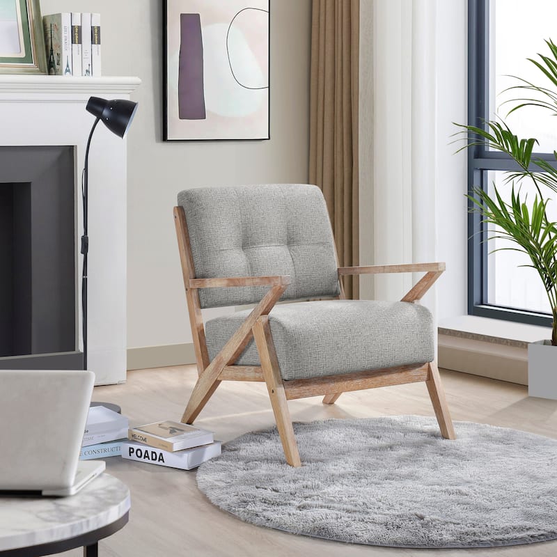 Modern Tufted Back Accent Chair,Gray Fabric Upholstery, Antique Finish