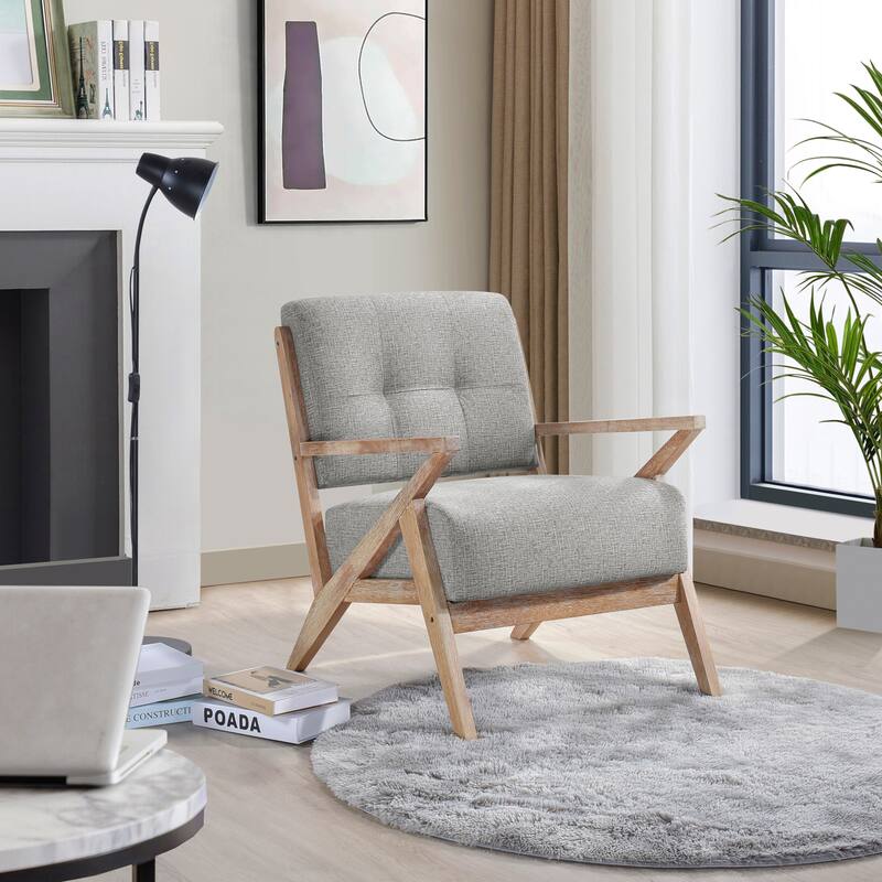 Unique Design Fabric Armchair with Antique Natural Finish and Tufted Back