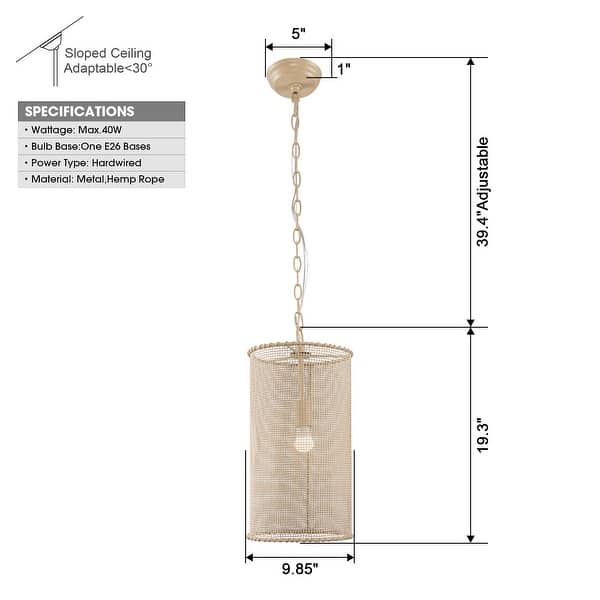 Farmhouse Mini Pendant Cylinder Rope Mesh Cage Kitchen Island Lights for Dining Room - 9.84" W x 19.29" H