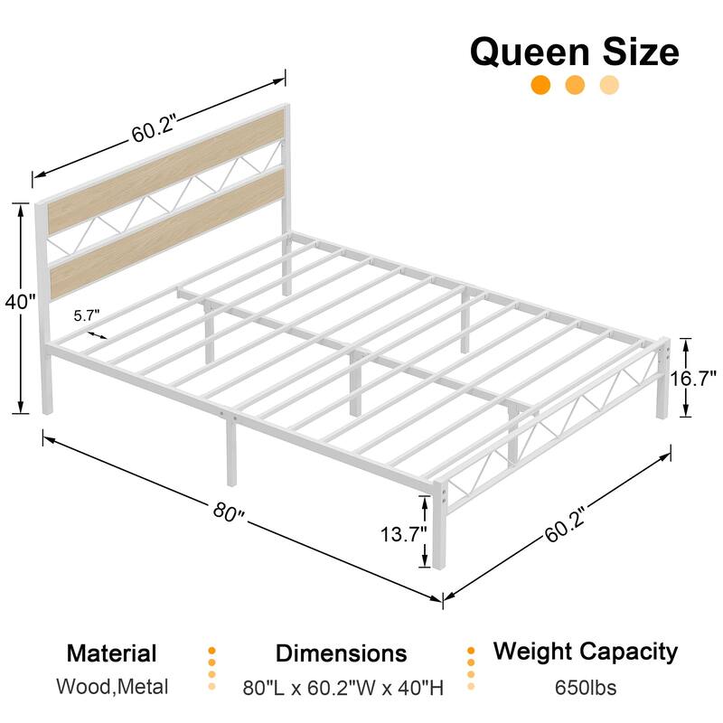 Metal Bed Frame with Brown Wooden Headboard, No Box Spring Needed