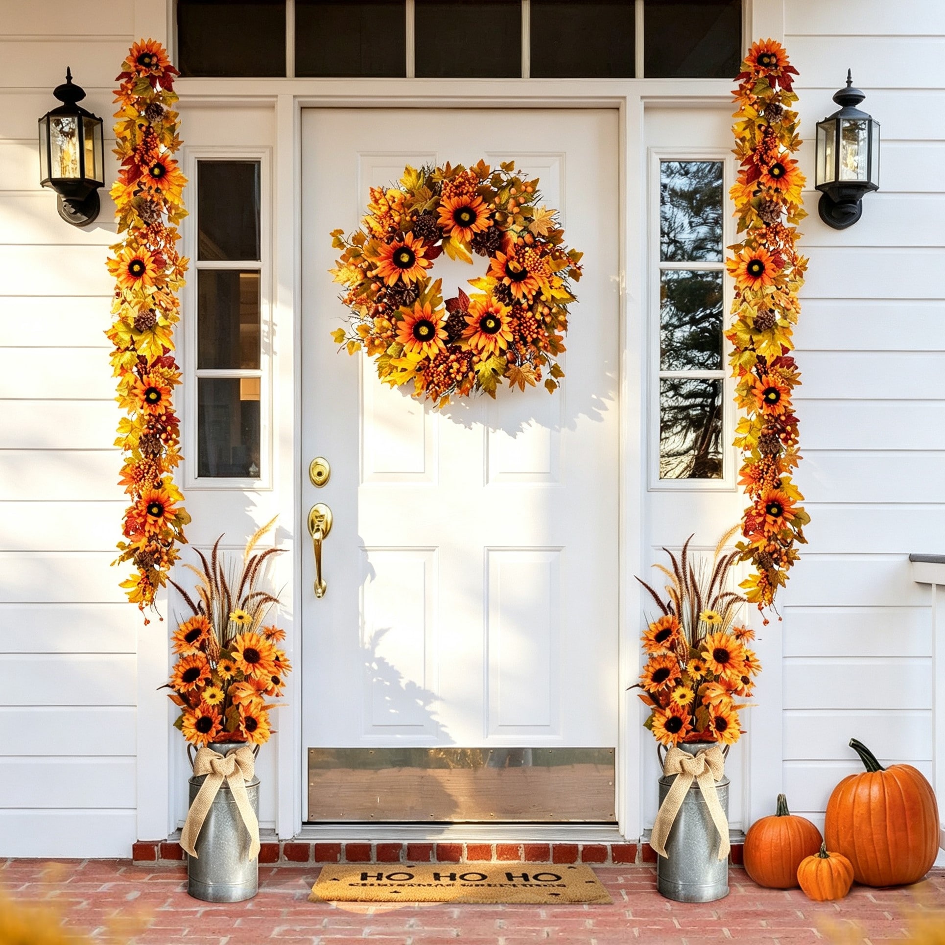 Glitzhome Fall Thanksgiving Sunflower Pinecone Berry Artificial Wreath Front Door Decor