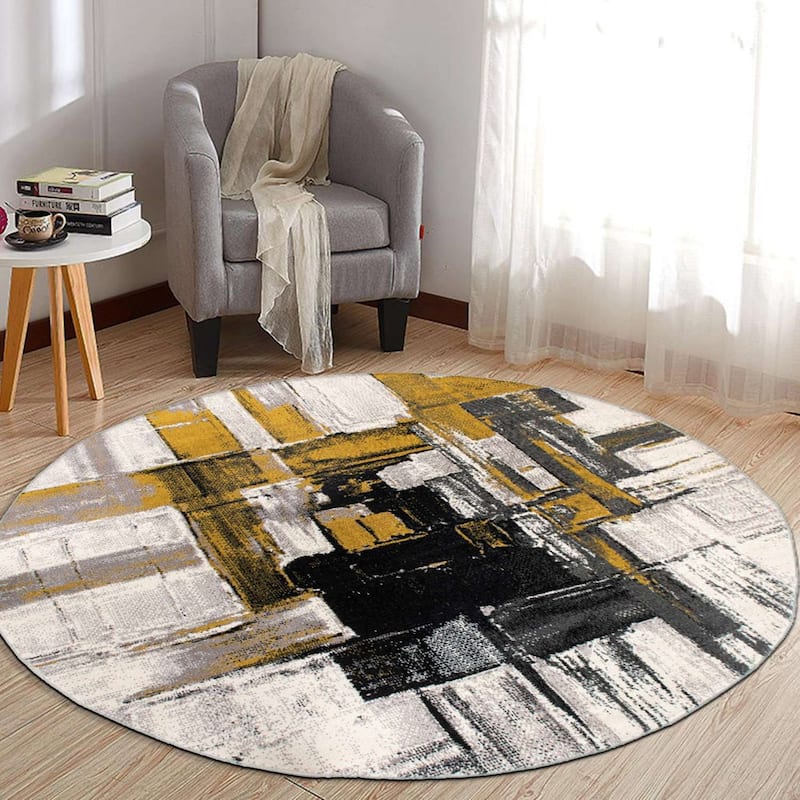 World Rug Gallery Modern Abstract Art Area Rug - 6'6" Round - Gold