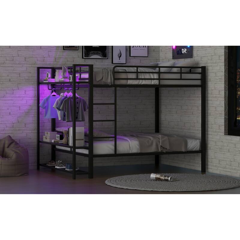 GDFStudio - Full Size Metal Bunk Bed with LED, Storage Shelves & Hooks