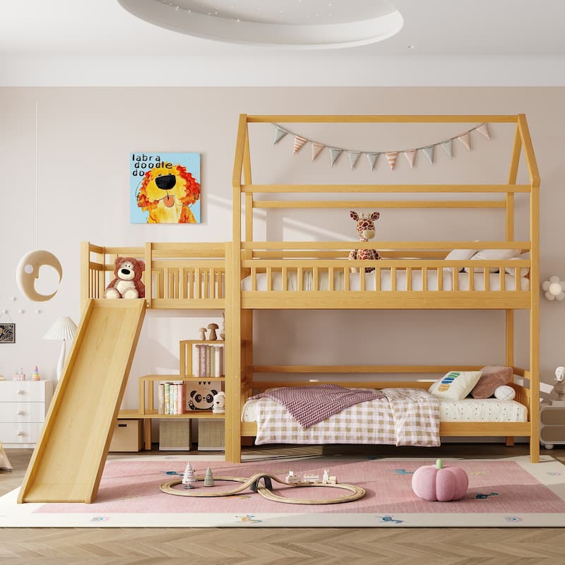 House-shaped Bunk Bed Playful Kids Bed Frame with Storage Stairs, Slide and 2 Placement Methods for Boys and Girls