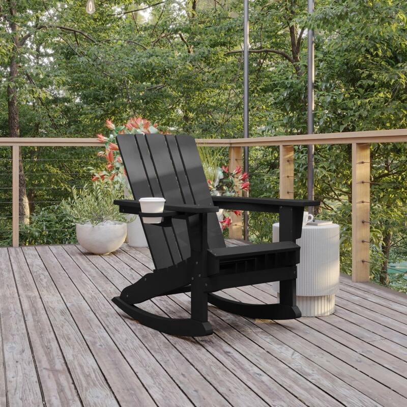 Commercial All-Weather Rocking Adirondack Chair with Swiveling Cupholder