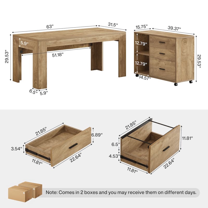 63" L Shaped Desk with File Cabinet, Executive Office Desk
