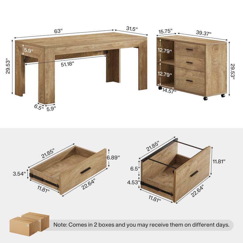 63" L Shaped Executive Office Desk with Mobile Lateral File Cabinet