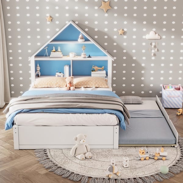 slide 2 of 9, Full Size Wood House-Shaped Bed with Bookcase Headboard and Led Light and Trundle for Kids Boys Girls Full - White+Blue