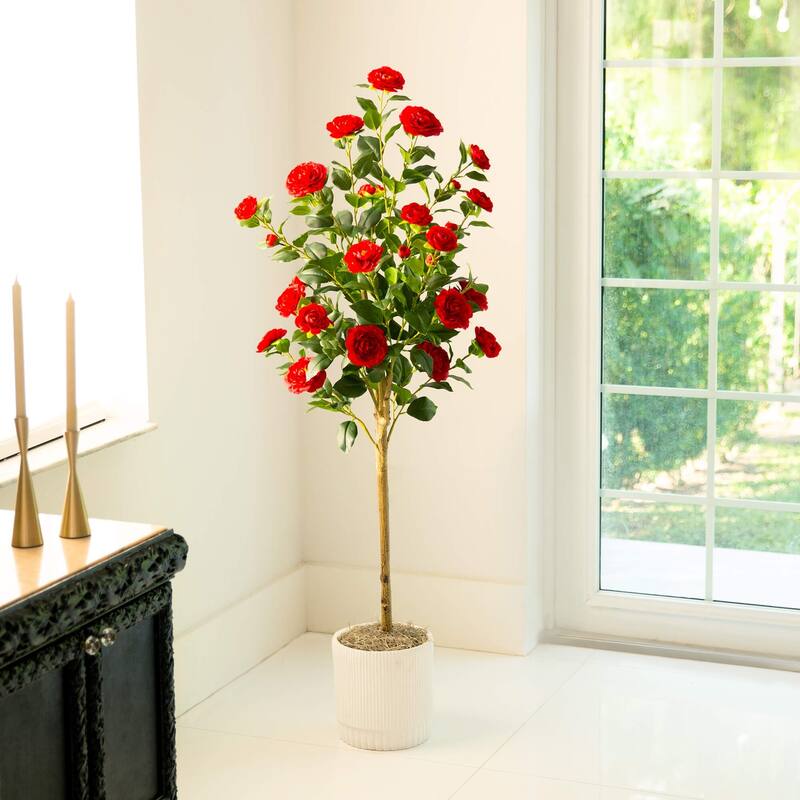 Camellia Rose Artificial Potted Tree - 5' - Unlit