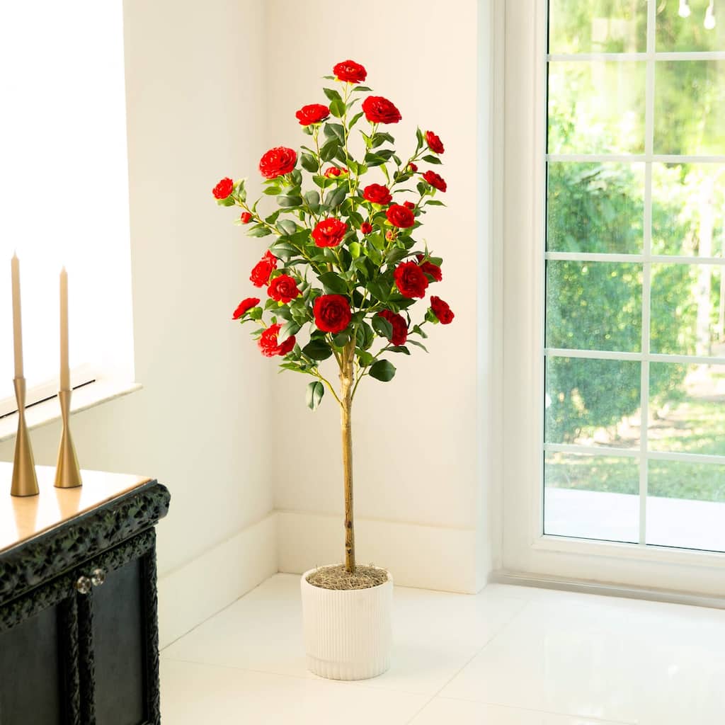 Camellia Rose Artificial Potted Tree - 5' - Unlit