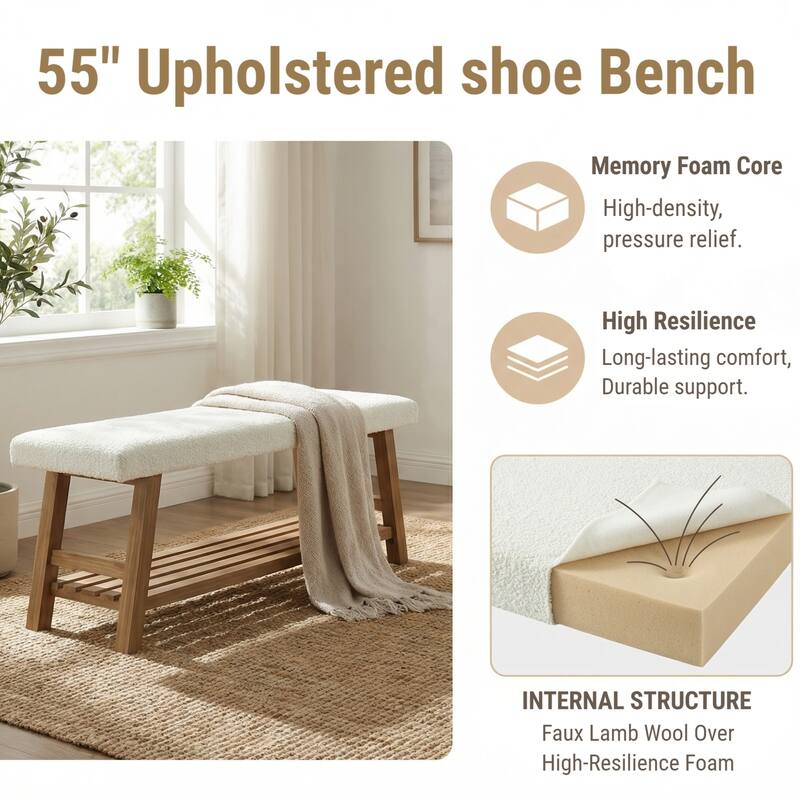 55 Inch Upholstered Entryway Bench with Cushion, Solid Wood Shoe Rack Bench with Shelf for Bedroom, Kitchen, Dining Room