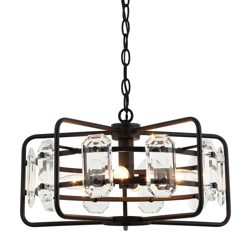 Industrial Modern 4-Light Metal Crystal Open Frame Drum Chandelier for Dining Room - 10-in H x 17.6-in D