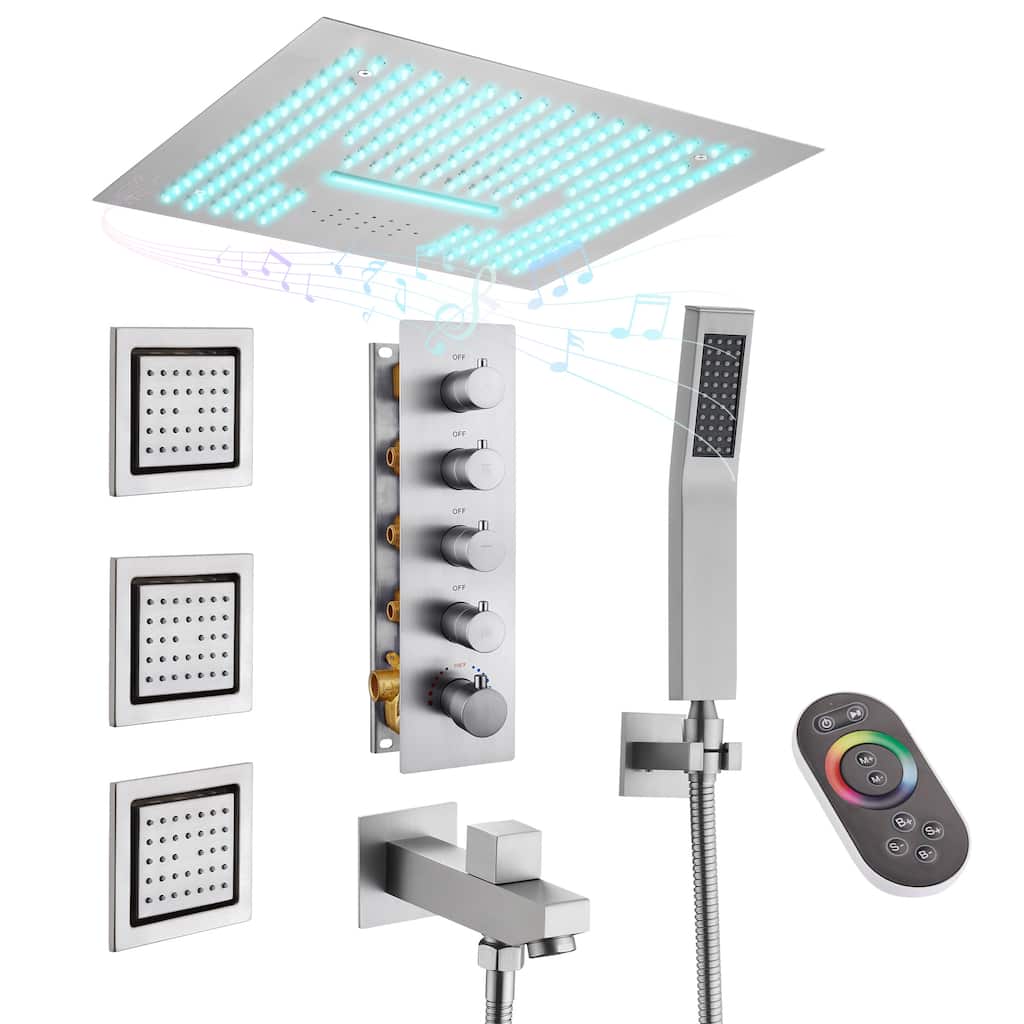 Thermostatic Shower System 4-Way 16" Ceiling Mounted Fixed and Handheld Shower Head with LED and Music Player in Brushed Gold