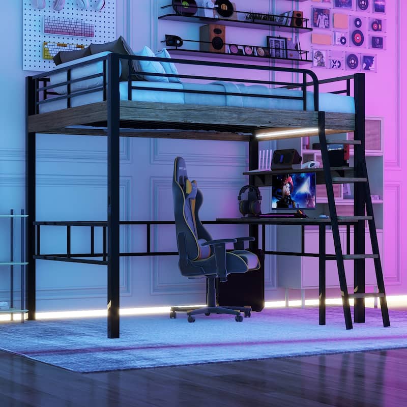 Metal High Loft Bed Frame with Built In Desk and Storage Shelf