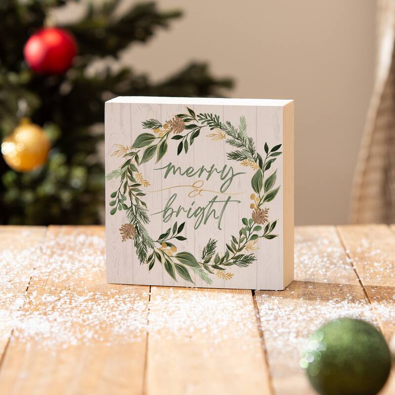 Shades of Green Sign Wood Block - "Merry & Bright" - 6" x 6" - Multicolor
