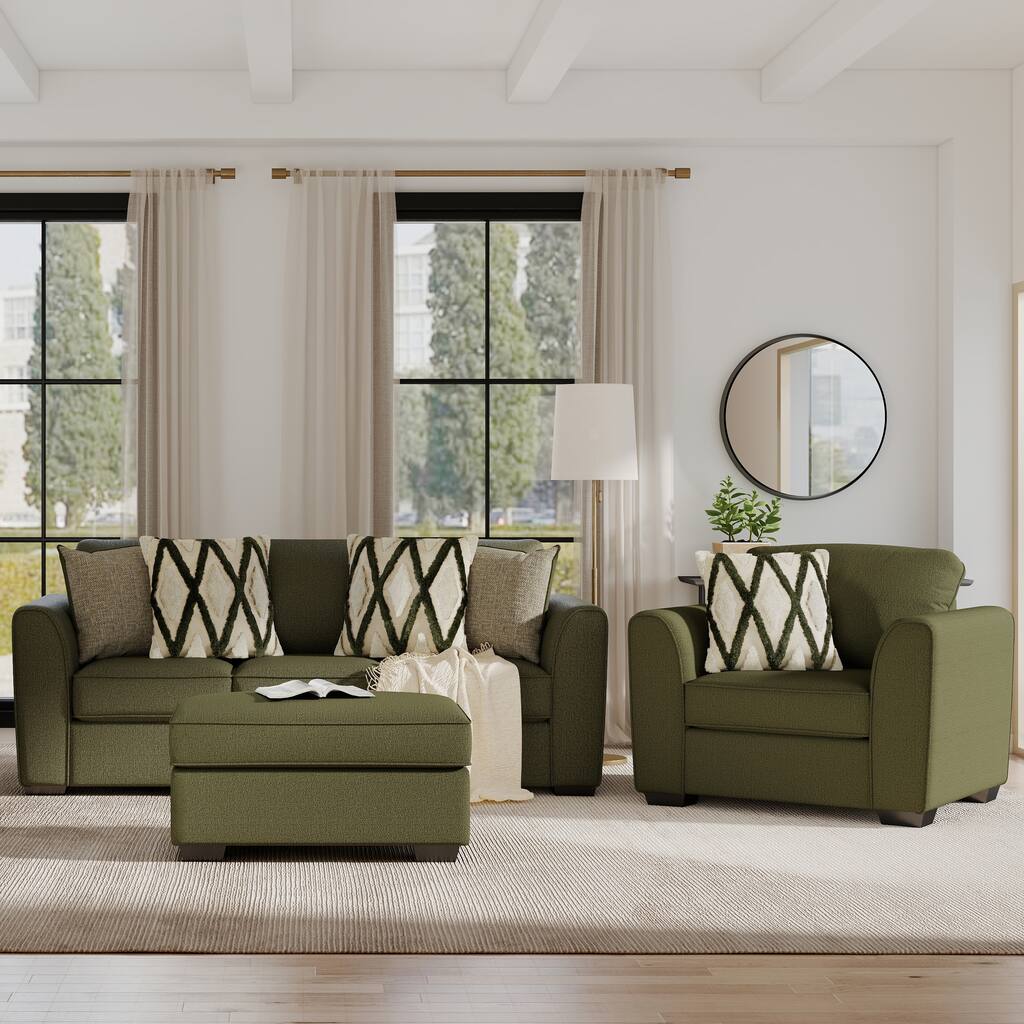 Roundhill Furniture Marvella 3-Piece Living Room Set, Sofa, Loveseat, and Chair with Mosswood Chenille Upholstery