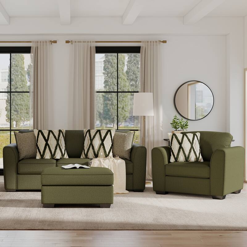 Roundhill Furniture Marvella 3-Piece Living Room Set, Sofa, Loveseat, and Chair with Mosswood Chenille Upholstery