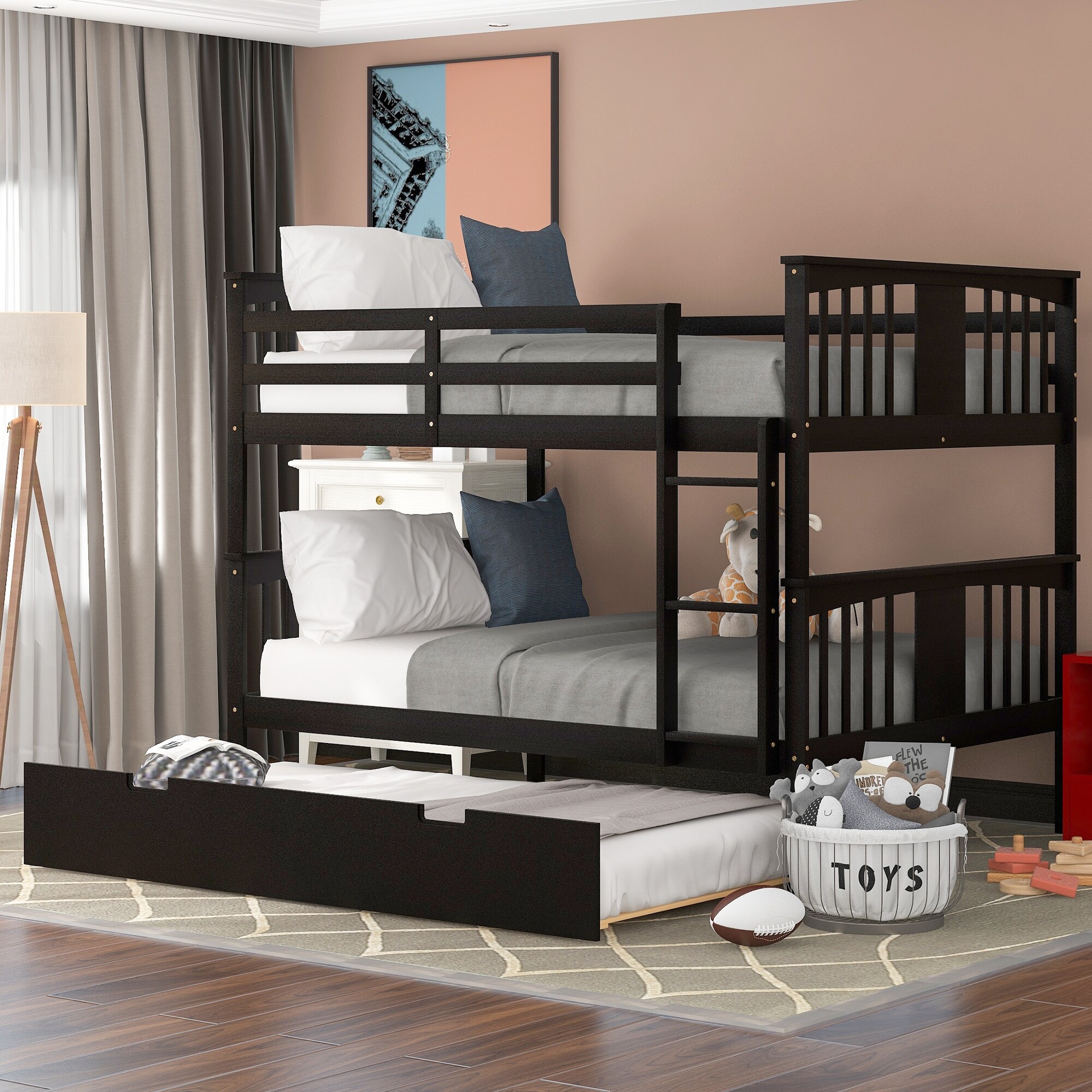 Full Over Full Bunk Bed with Trundle Solid Wood Bunk Bed with
