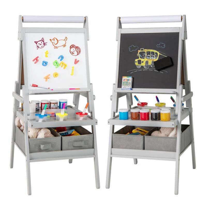 3-in-1 Magnetic Kids Art Easel with Chalkboard, Whiteboard, Paper Roll & Storage Bins - 21.5" x 18" x 40" - Grey