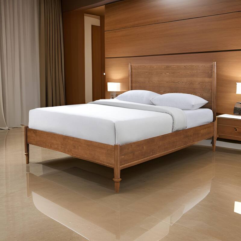 Roma Queen Size Bed, Panel Headboard, Tapered Legs, Walnut Brown Solid Wood
