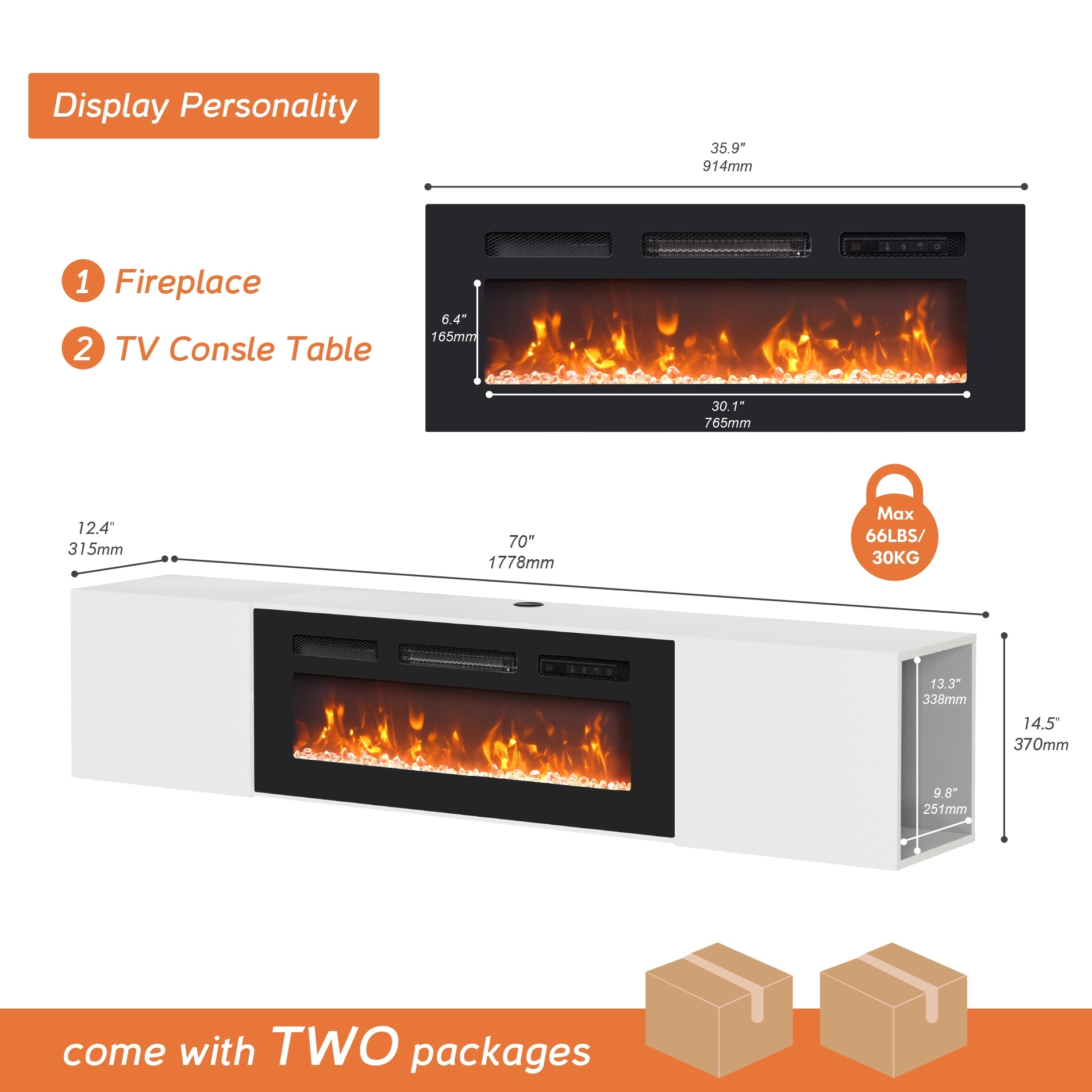 Modern Floating TV Stand with Electric Fireplace - 80"