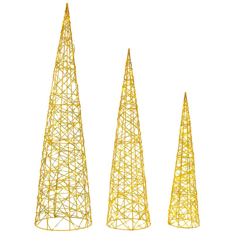 3 LED Twinkle Lighted Gold Mesh Cone Trees Christmas Decors 39.5"