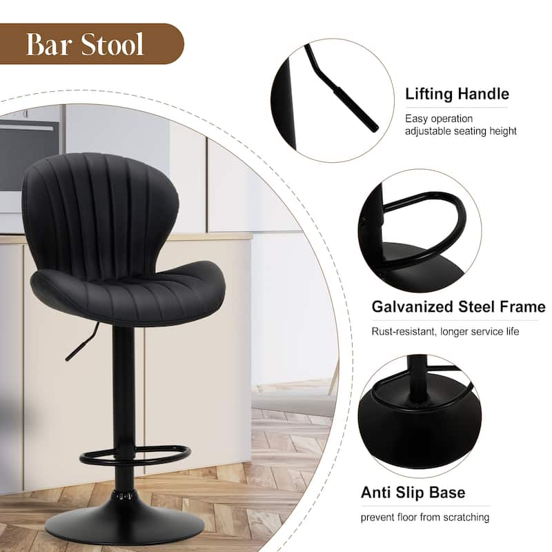 COLAMY 2 Adjustable Swivel Bar Stools - PU Leather High Back Counter Height Stools for Kitchen Island & Bar