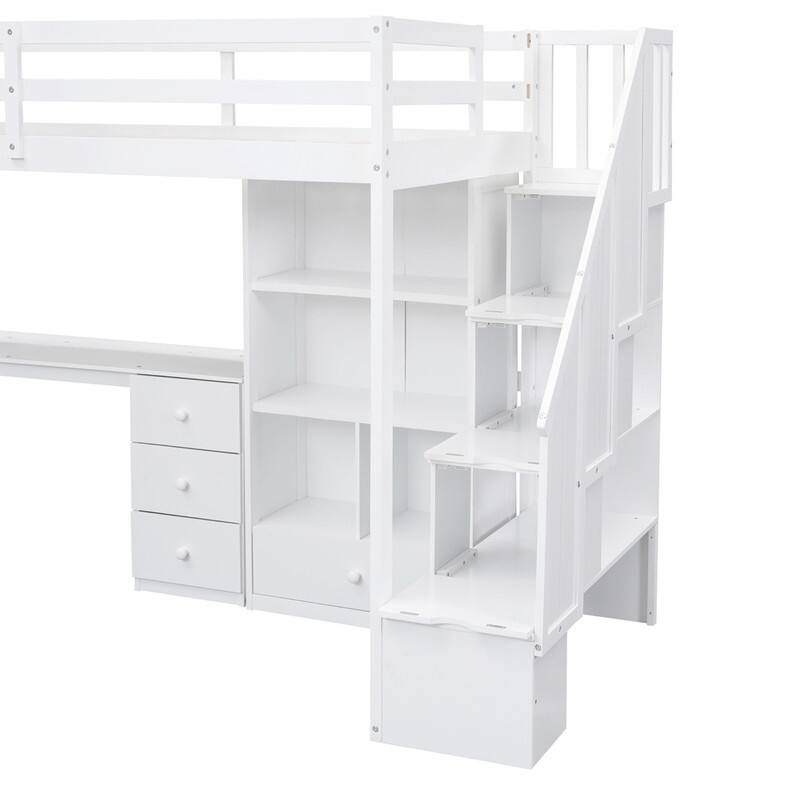 Multifunctional Wood Twin Size Loft Bed with L-Shaped Desk and Storage Staircase, Loft Bed Frame with Cabinet and Drawers