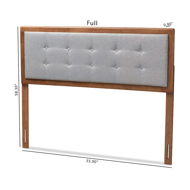Mid-Century Modern Light Grey Fabric Upholstered Walnut Brown Wood Full Size Headboard with Sleek Profile
