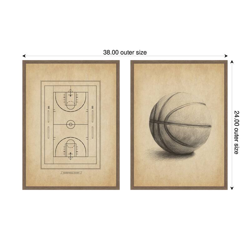 Kate and Laurel Walnut Antique Basketball 2 Piece Framed Canvas Wall Art Set by The Creative Bunch Studio