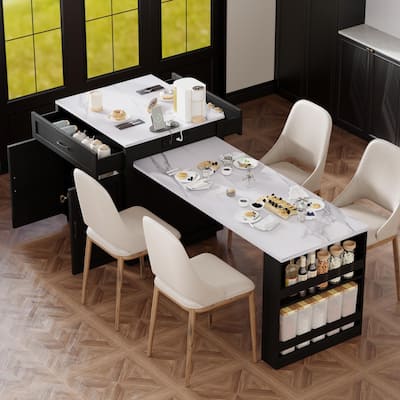 Kitchen Island With Extendable Dining Table For 4-6 Person,Two-tone Kitchen Table with Double-sized Storage,Power Outlet - N/A