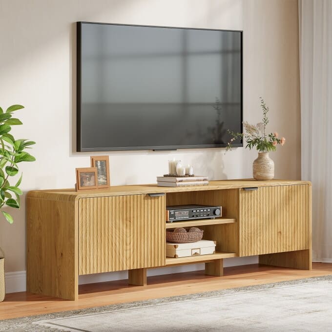 63" Modern TV Stand With Storage, Wooden Low Console Table