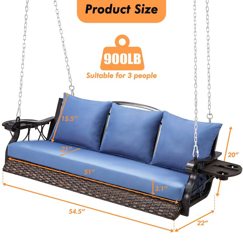 3-Person Wicker Patio Swing with Cushions & Pillows