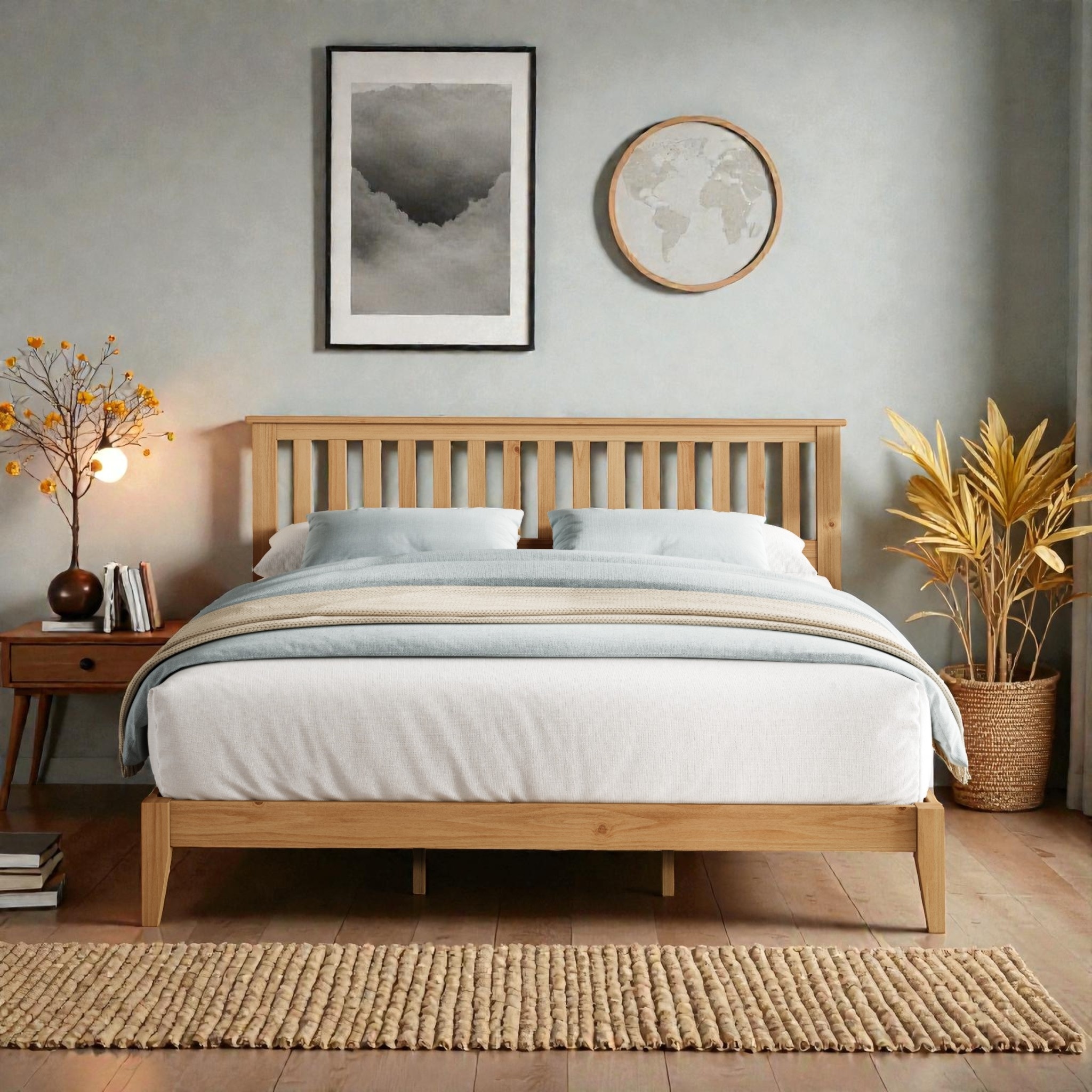 Mission Style Panel Bed with Slat Support, Solid and Engineered Wood Bed Frame with Headboard and Underbed Storage