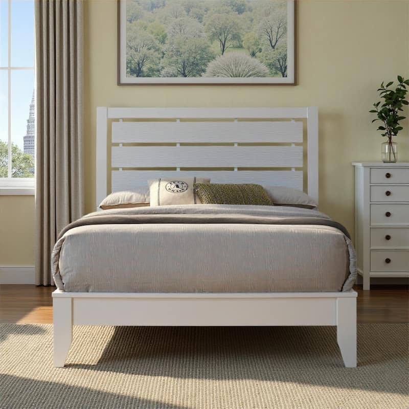 Eve Full Size Bed, Slatted Headboard, Chamfered Legs, White Wood, Modern