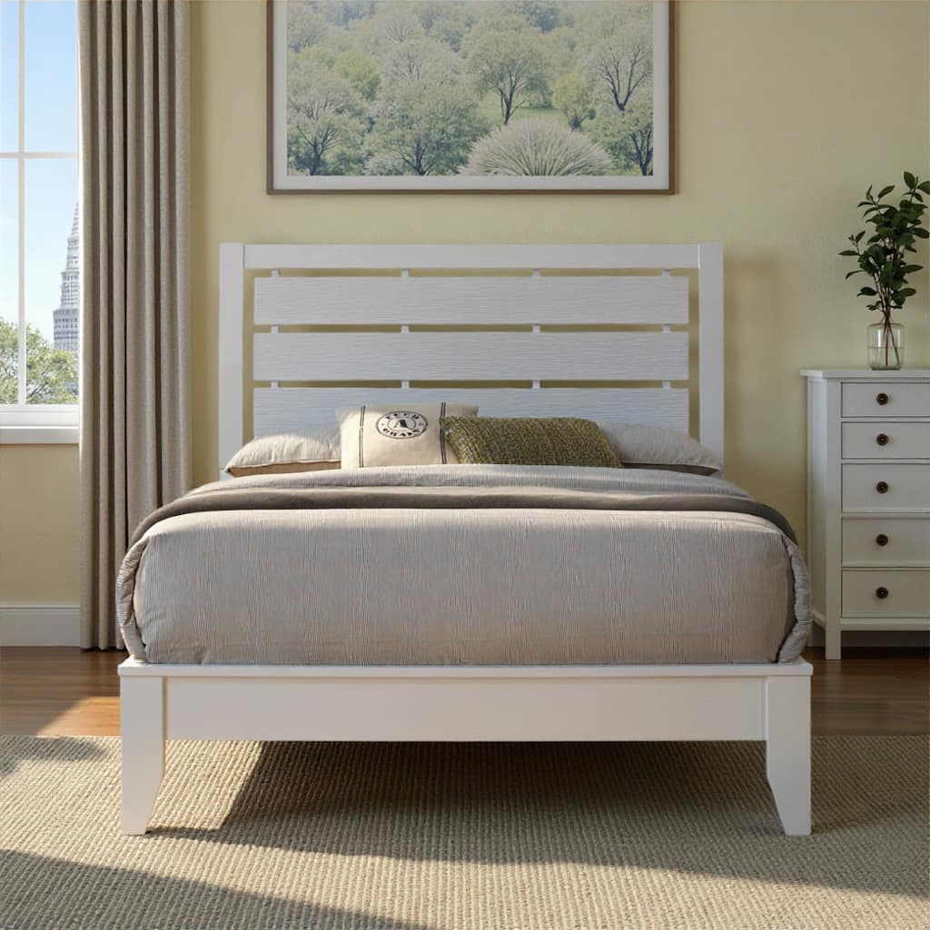 Eve Full Size Bed, Slatted Headboard, Chamfered Legs, White Wood, Modern