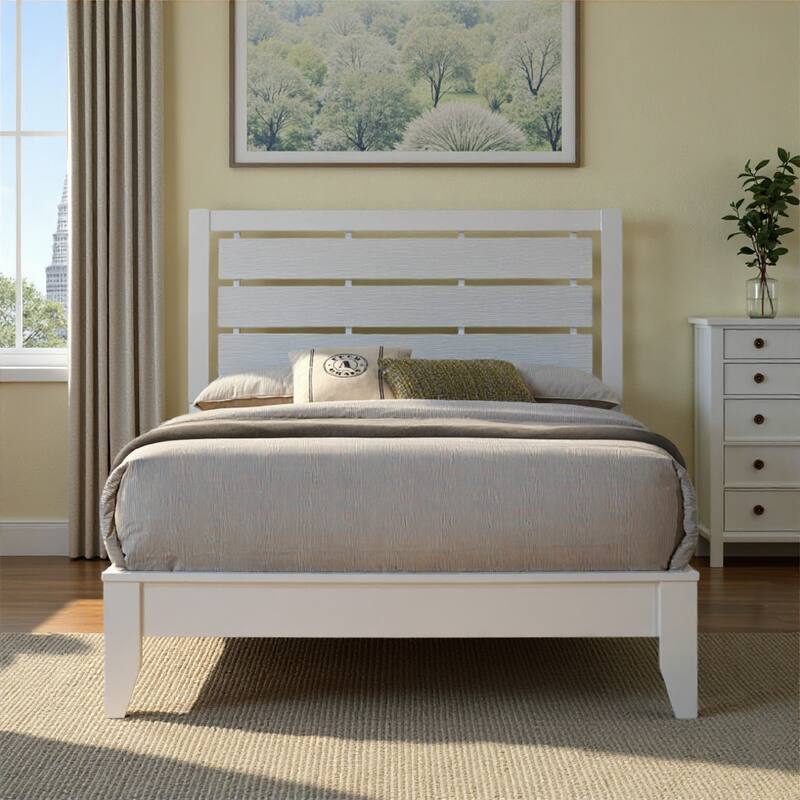 Eve Queen Size Bed, Slatted Headboard, Chamfered Legs, White Wood, Modern