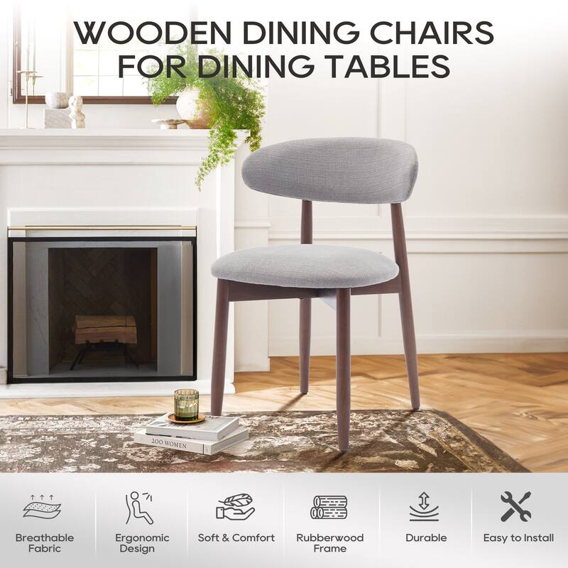 Set of 2 Wooden Dining Chairs, Fabric Upholstered, Beige