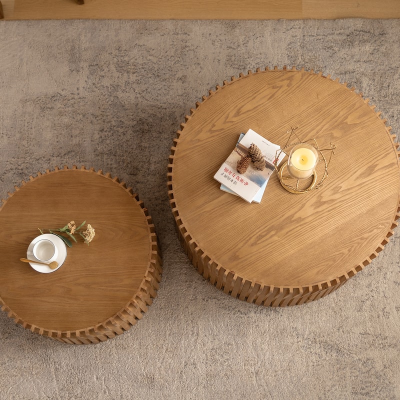 GDFStudio Kaelvin Vintage Round Nesting Coffee Table Set with Fir Wood Relief