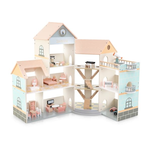 slide 2 of 10, Gymax Wooden Corner Dollhouse Playset w/ 41 Pieces of Furniture and Assembly Required - Kids