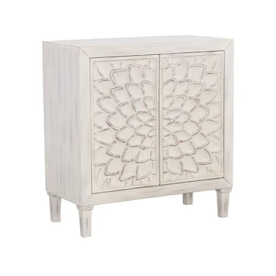 2 Door Wooden Accent Cabinet with Floral Carving, Distressed Whitewash