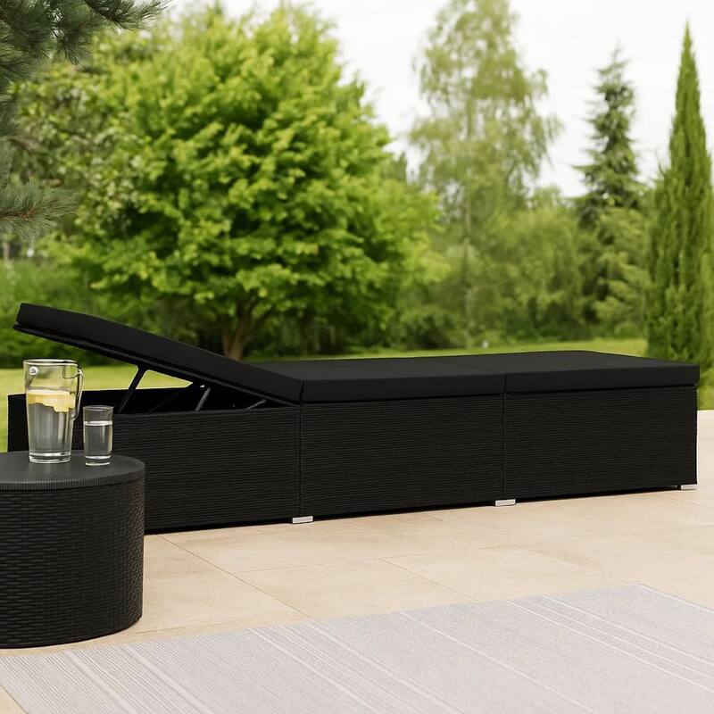 Outdoor Chaise Sun Lounger with Cushion, 77 Inch Black Poly Rattan